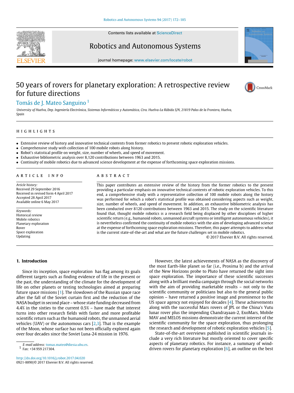 50 Years of Rovers for Planetary Exploration: a Retrospective Review for Future Directions Tomás De J