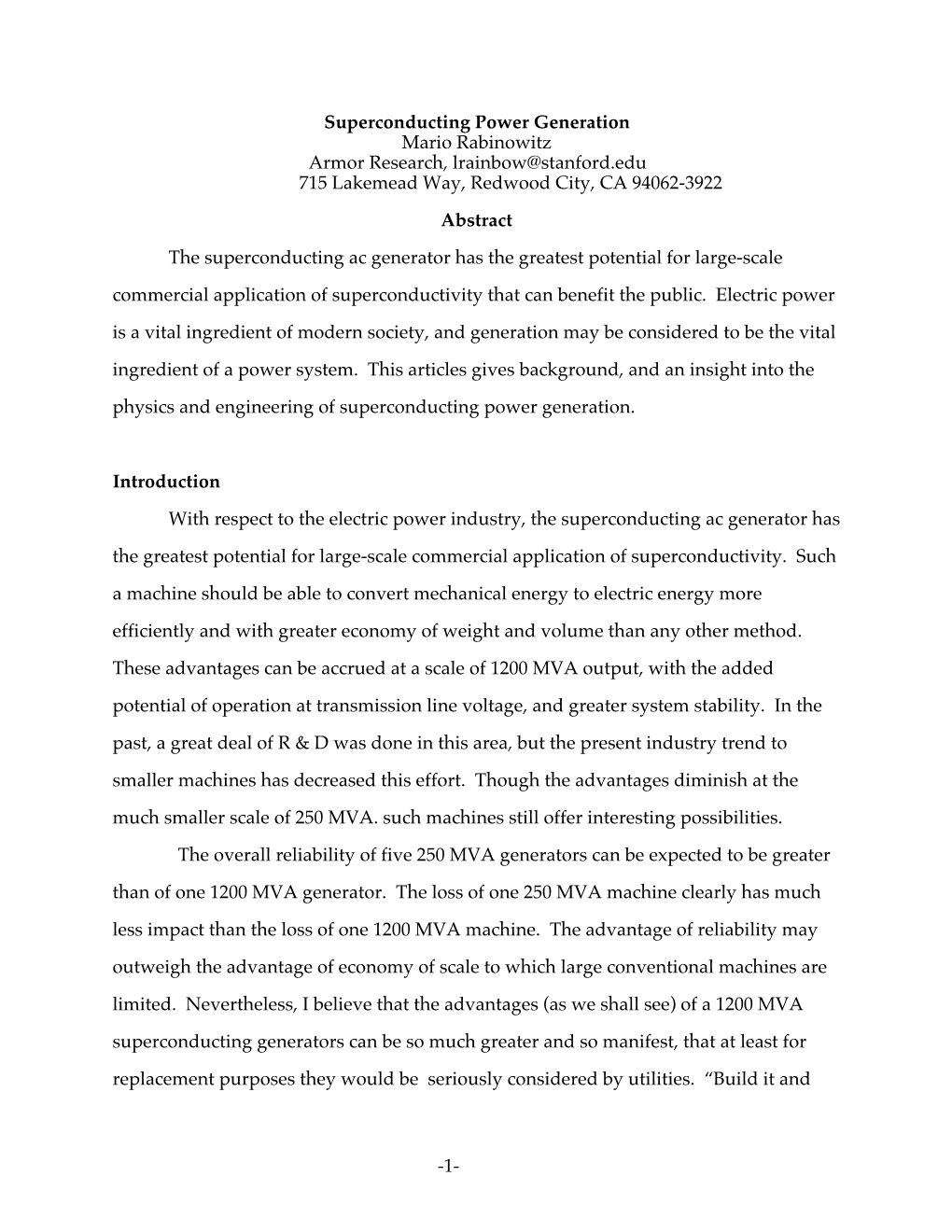 1- Superconducting Power Generation Mario Rabinowitz Armor Research