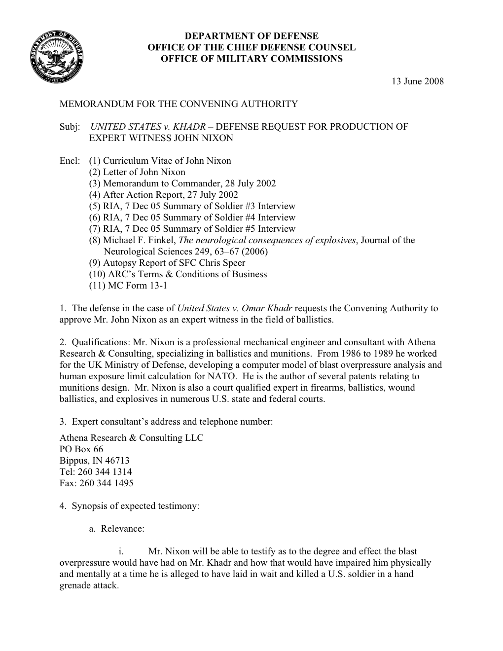 Department of Defense Office of the Chief Defense Counsel Office of Military Commissions