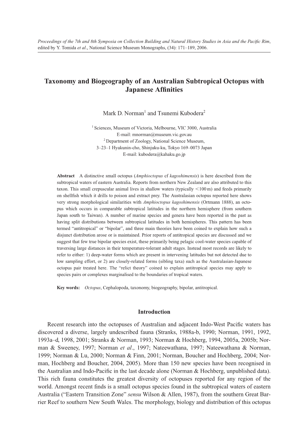 Taxonomy and Biogeography of an Australian Subtropical Octopus with Japanese Afﬁnities