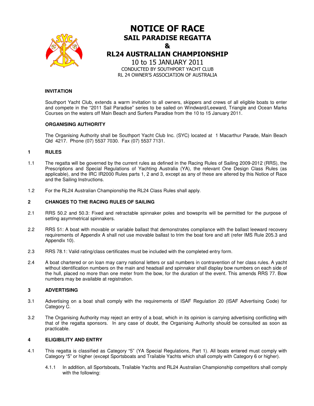 Notice of Race Sail Paradise Regatta & Rl24 Australian Championship