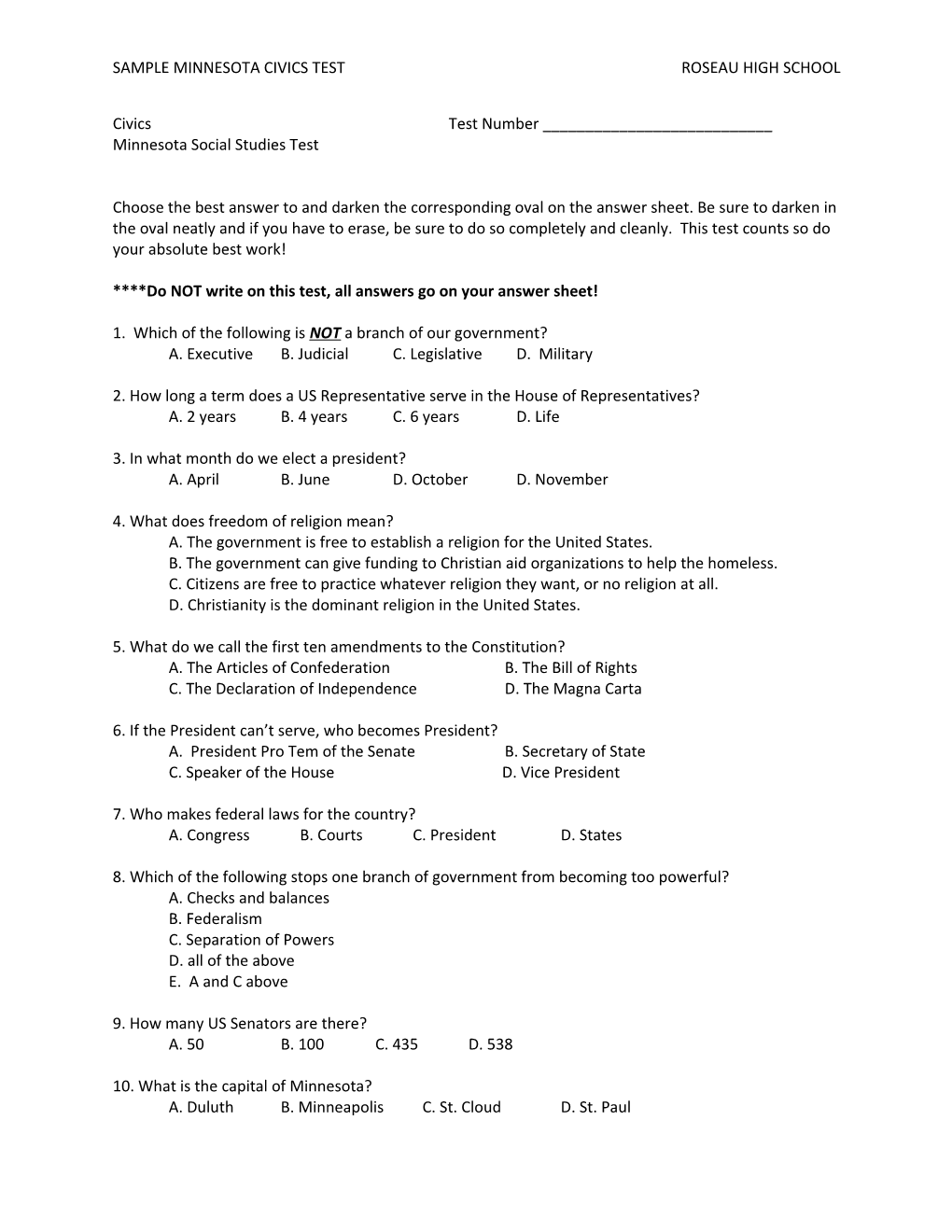 Sample Minnesota Civics Test Roseau High School