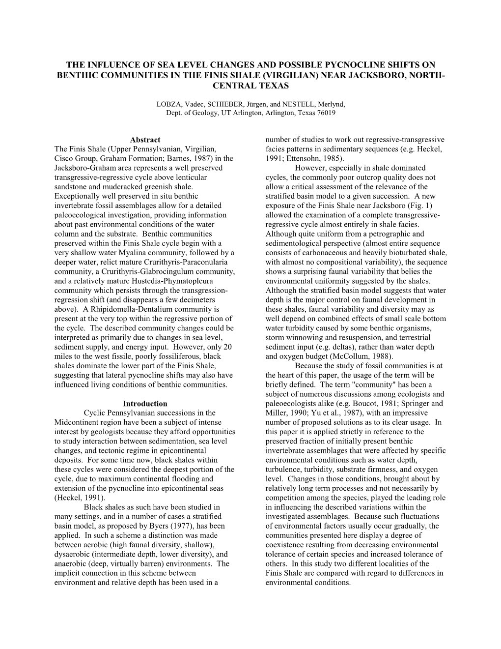 The Influence of Sea Level Changes and Possible Pycnocline Shifts on Benthic Communities in the Finis Shale (Virgilian) Near Jacksboro, North- Central Texas