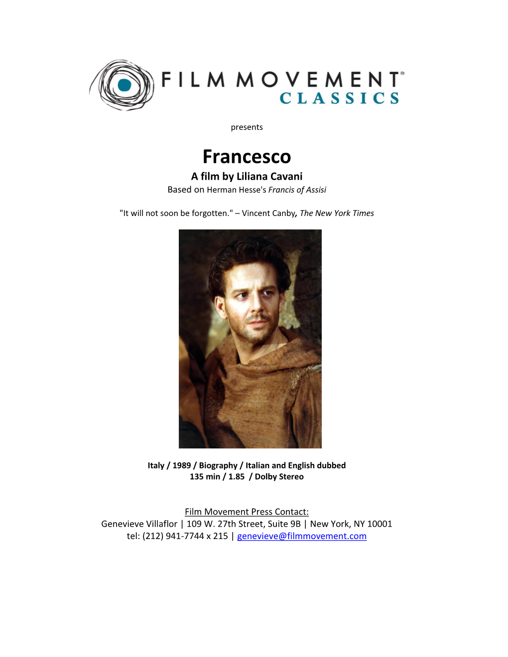 Francesco a Film by Liliana Cavani Based on Herman Hesse's Francis of Assisi