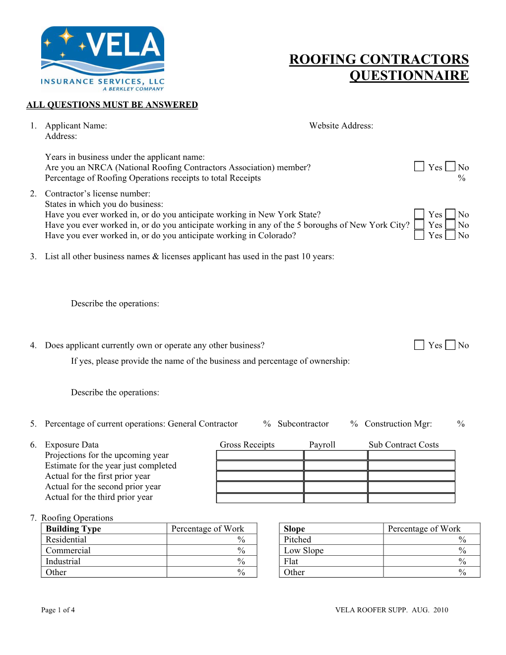 Roofing Contractors Questionnaire