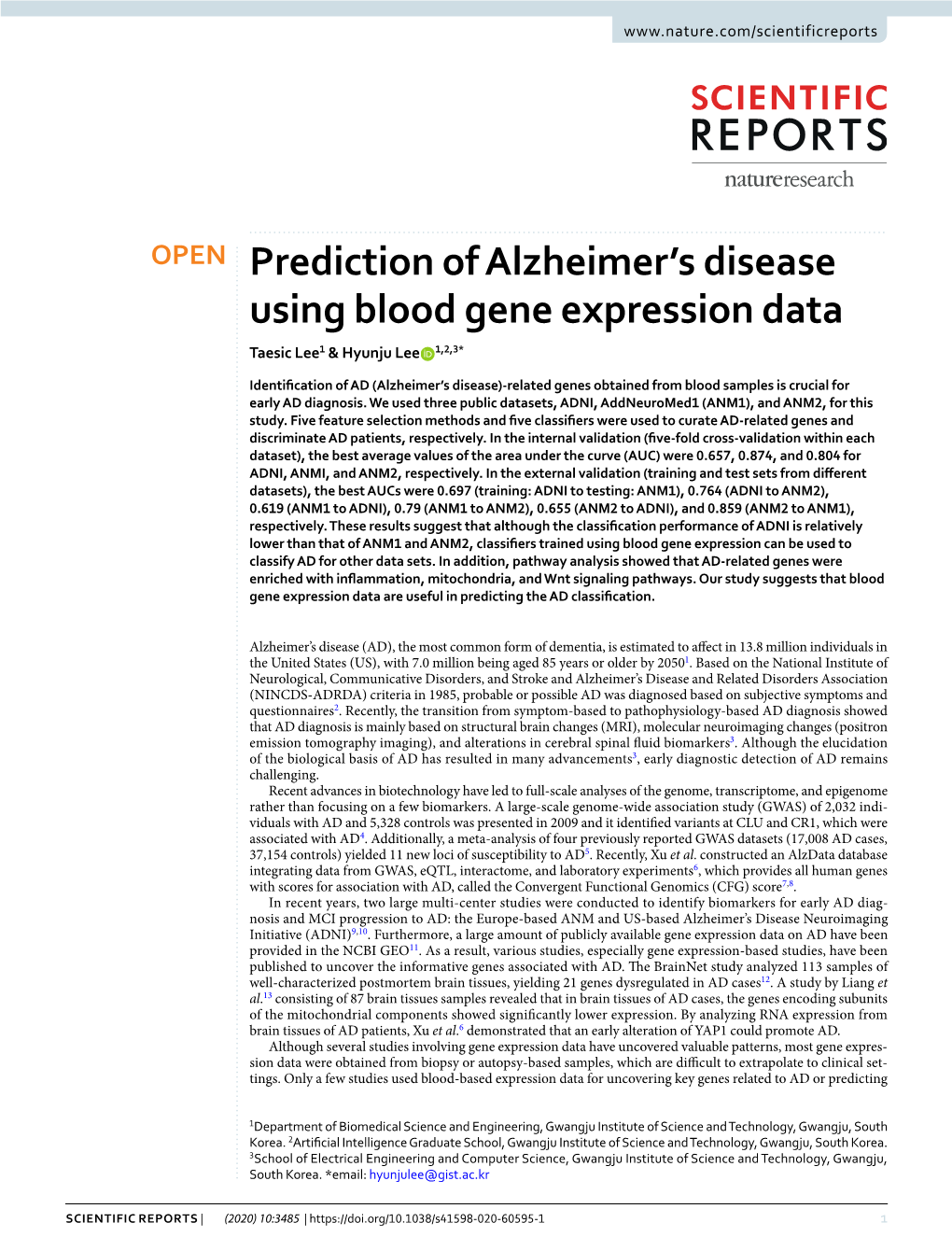 Prediction of Alzheimer's Disease Using Blood Gene Expression Data