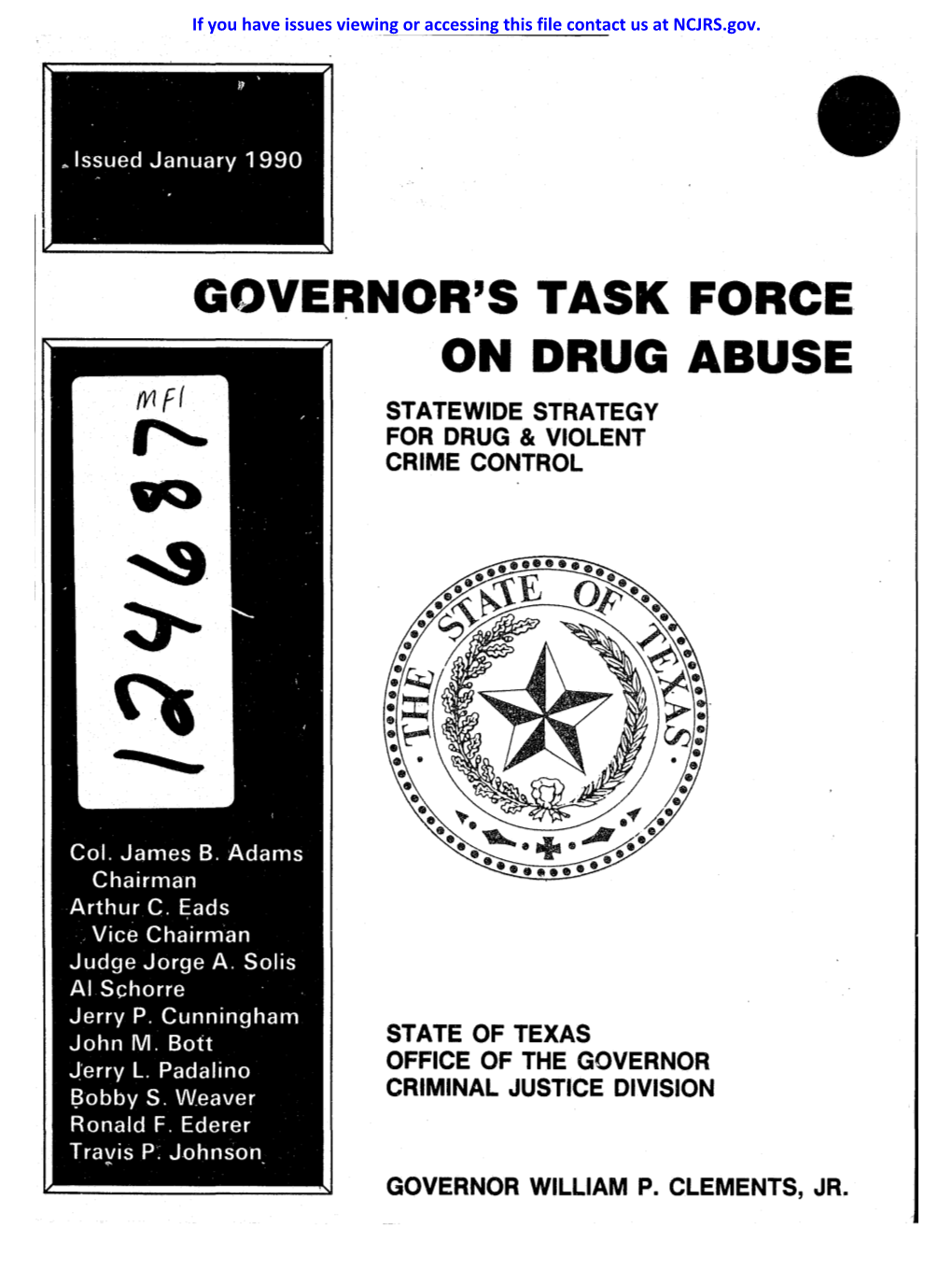 Governor's Task Force on Drug Abuse Statewide Strategy for Drug & Violent Crime Control