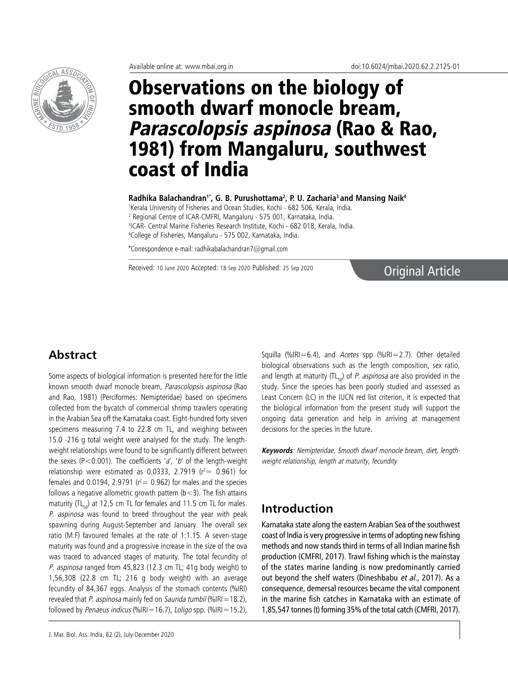 Observations on the Biology of Smooth Dwarf Monocle Bream, Parascolopsis Aspinosa (Rao & Rao, 1981) from Mangaluru, Southwest Coast of India