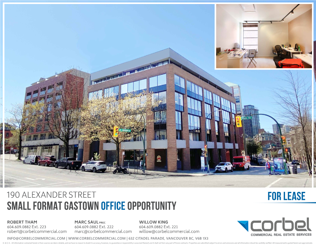 190 Alexander Street for Lease Small Format Gastown Office Opportunity