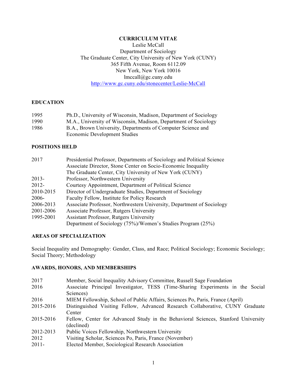 1 CURRICULUM VITAE Leslie Mccall