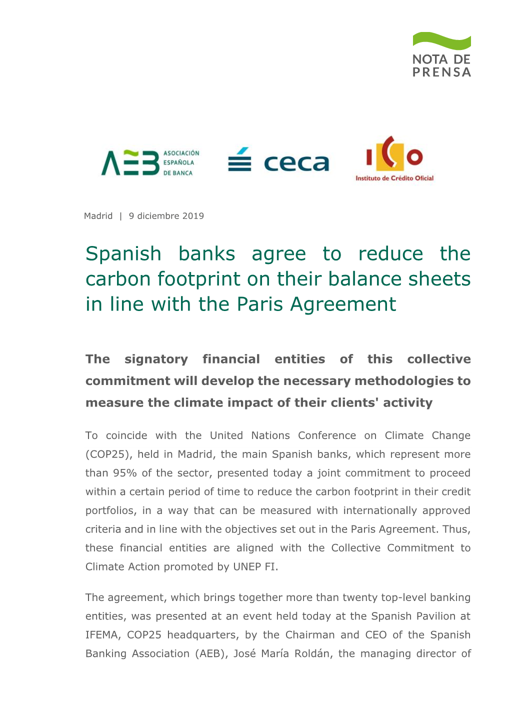 Spanish Banks Agree to Reduce the Carbon Footprint on Their Balance Sheets in Line with the Paris Agreement