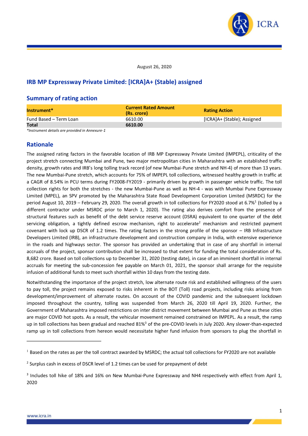 IRB MP Expressway Private Limited: [ICRA]A+ (Stable) Assigned