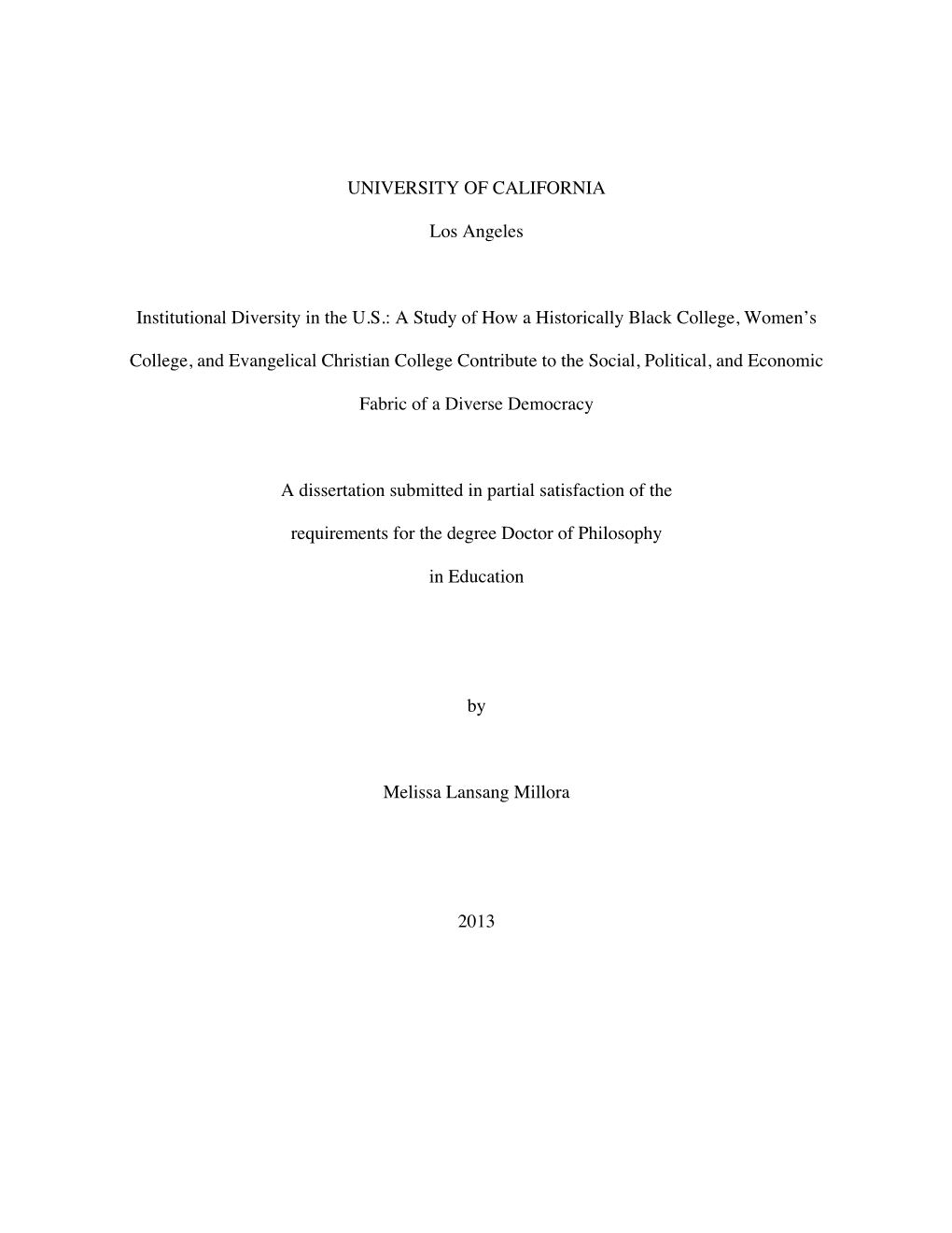 UNIVERSITY of CALIFORNIA Los Angeles Institutional Diversity in The