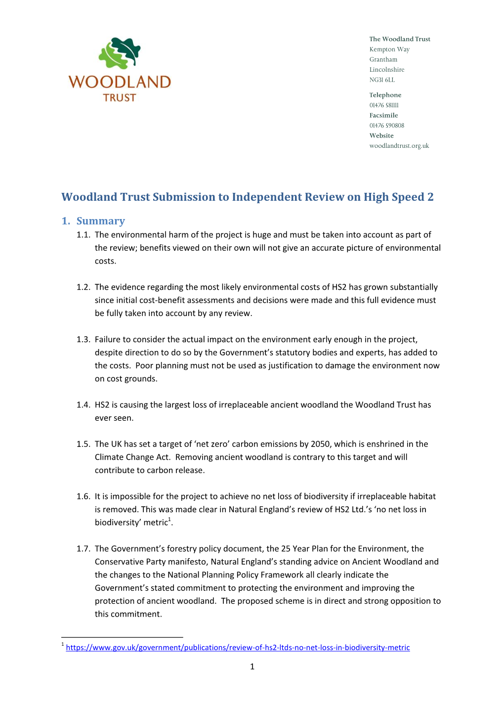 Woodland Trust Submission to Independent Review on High Speed 2