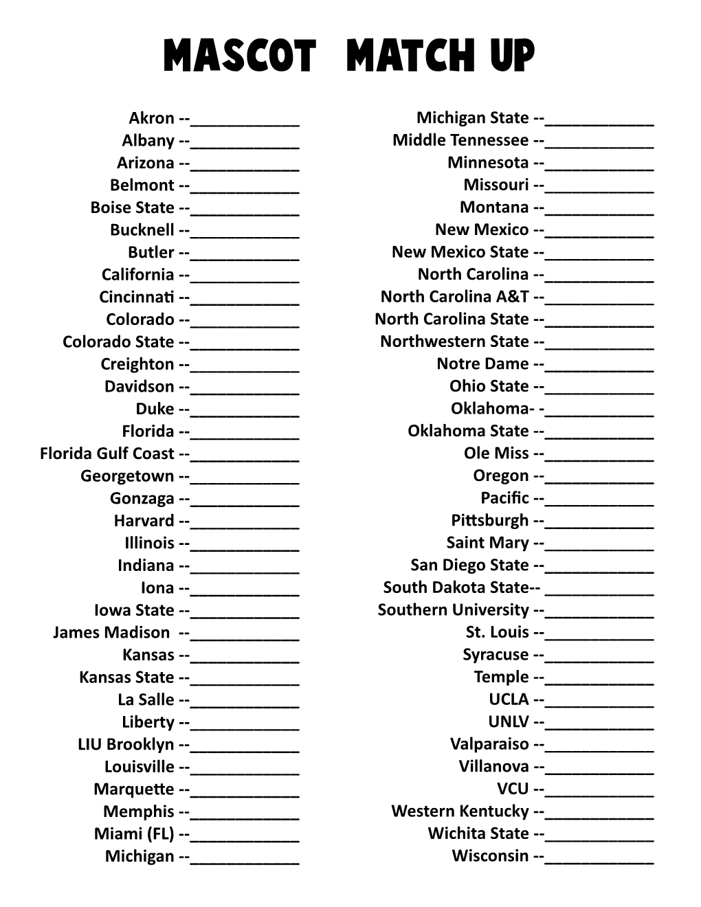 Entire Mascot Match up Game (PDF)