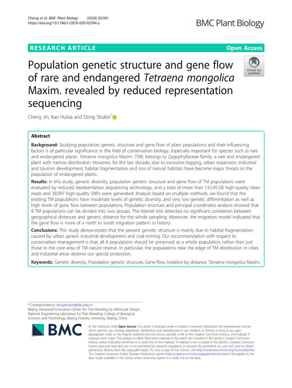 Population Genetic Structure and Gene Flow of Rare and Endangered Tetraena Mongolica Maxim