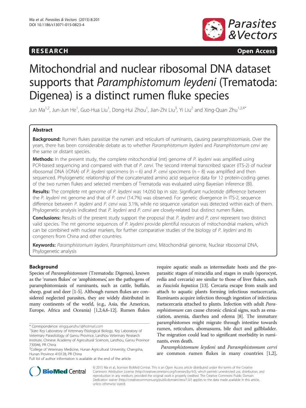 Mitochondrial and Nuclear Ribosomal DNA Dataset Supports That Paramphistomum Leydeni (Trematoda: Digenea) Is a Distinct Rumen Fl