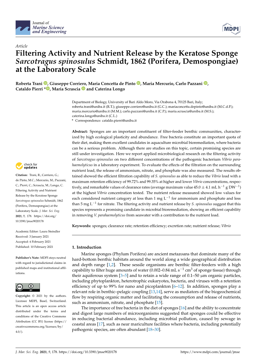 Filtering Activity and Nutrient Release by the Keratose Sponge Sarcotragus Spinosulus Schmidt, 1862 (Porifera, Demospongiae) at the Laboratory Scale