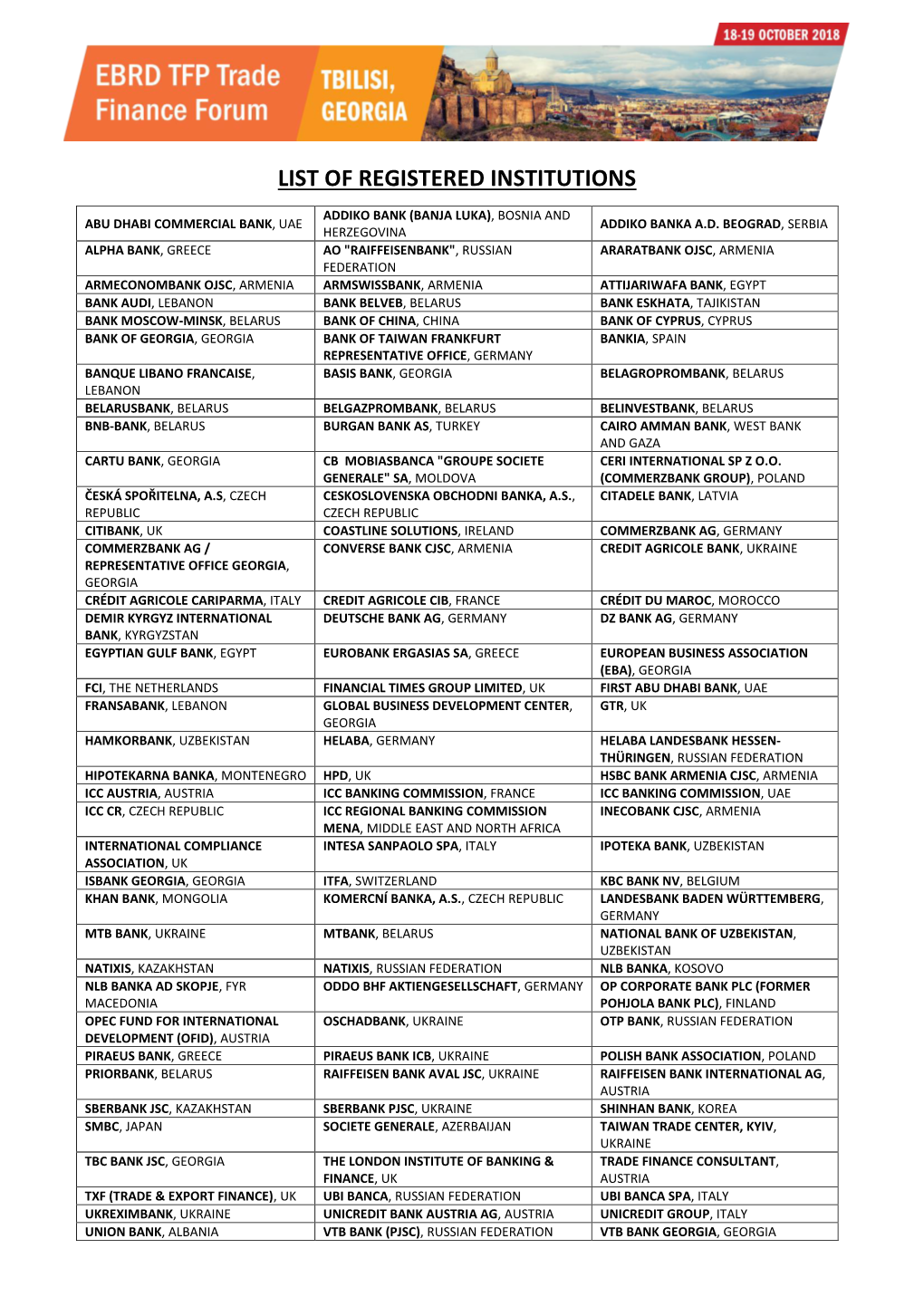 List of Registered Institutions