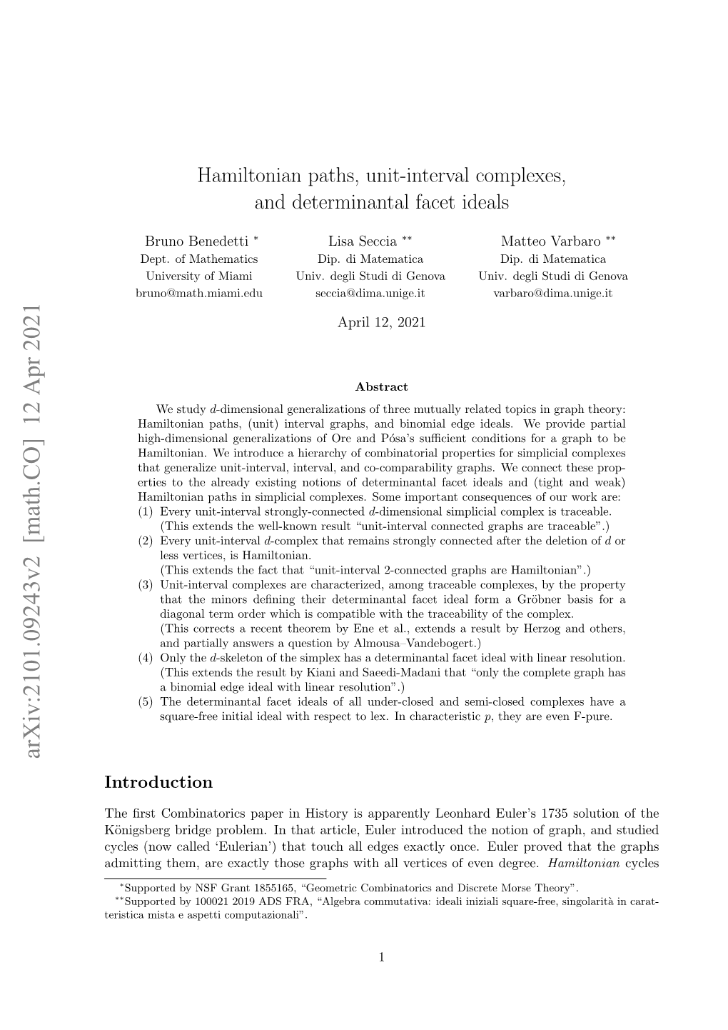 Arxiv:2101.09243V2 [Math.CO] 12 Apr 2021 Introduction