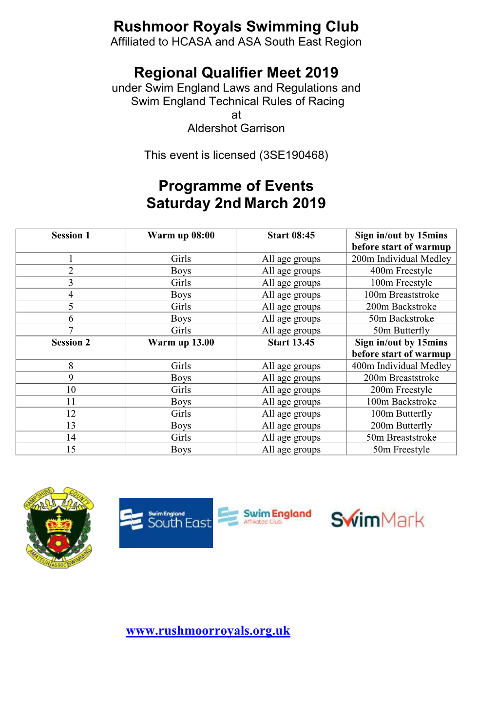 Rushmoor Royals Swimming Club Regional Qualifier