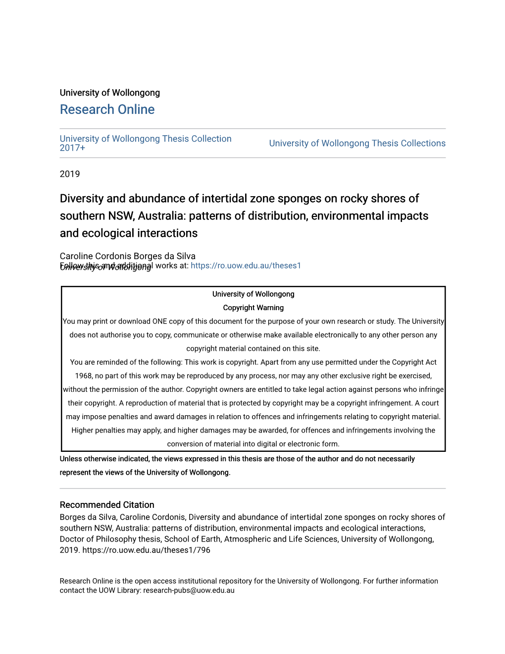 Diversity and Abundance of Intertidal Zone Sponges on Rocky Shores of Southern NSW, Australia: Patterns of Distribution, Environ