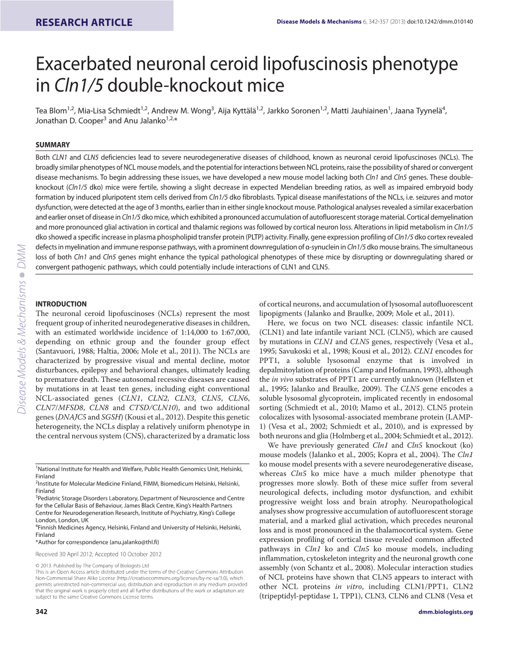 Exacerbated Neuronal Ceroid Lipofuscinosis Phenotype in Cln1/5 Double-Knockout Mice