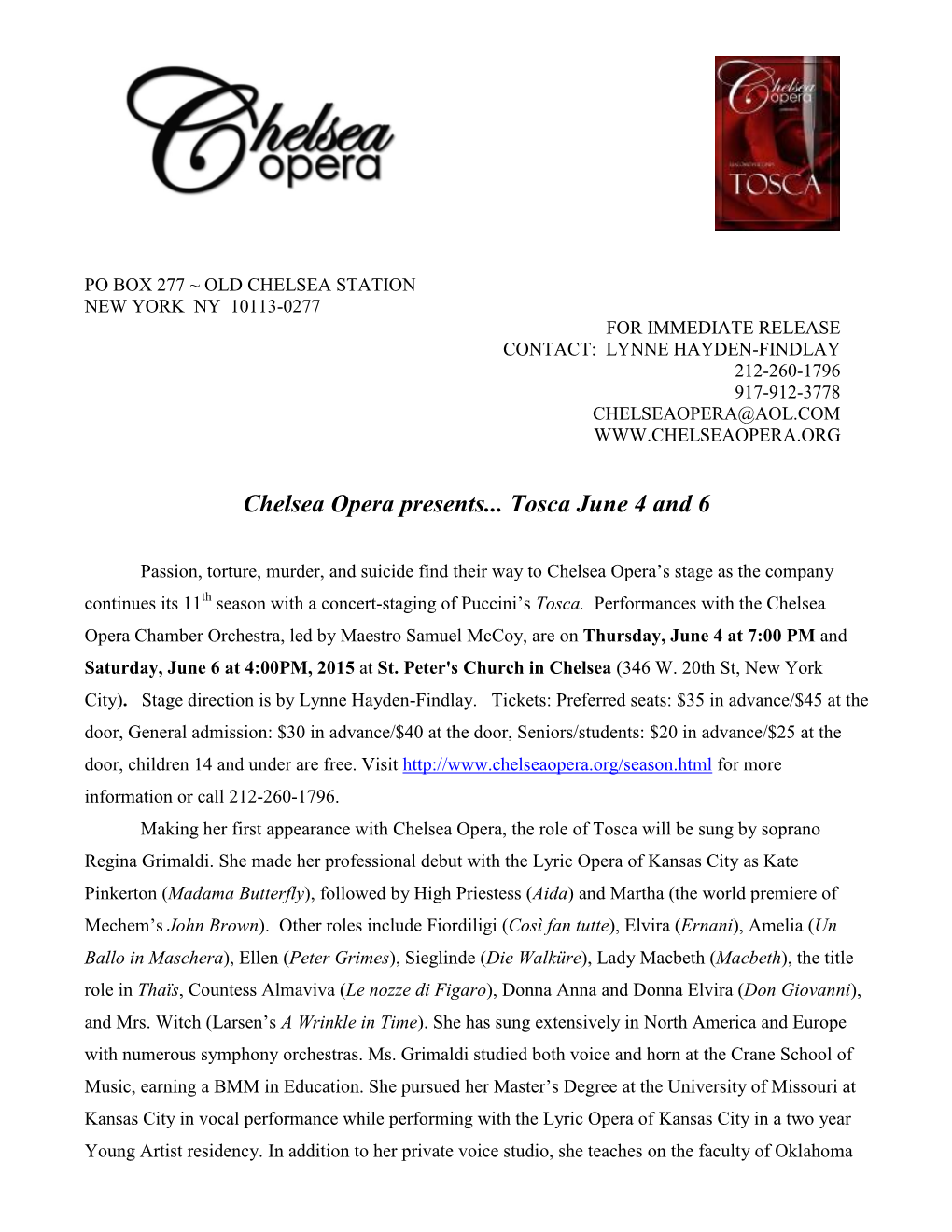 Chelsea Opera and the Chelsea Opera Chamber Orchestra Present