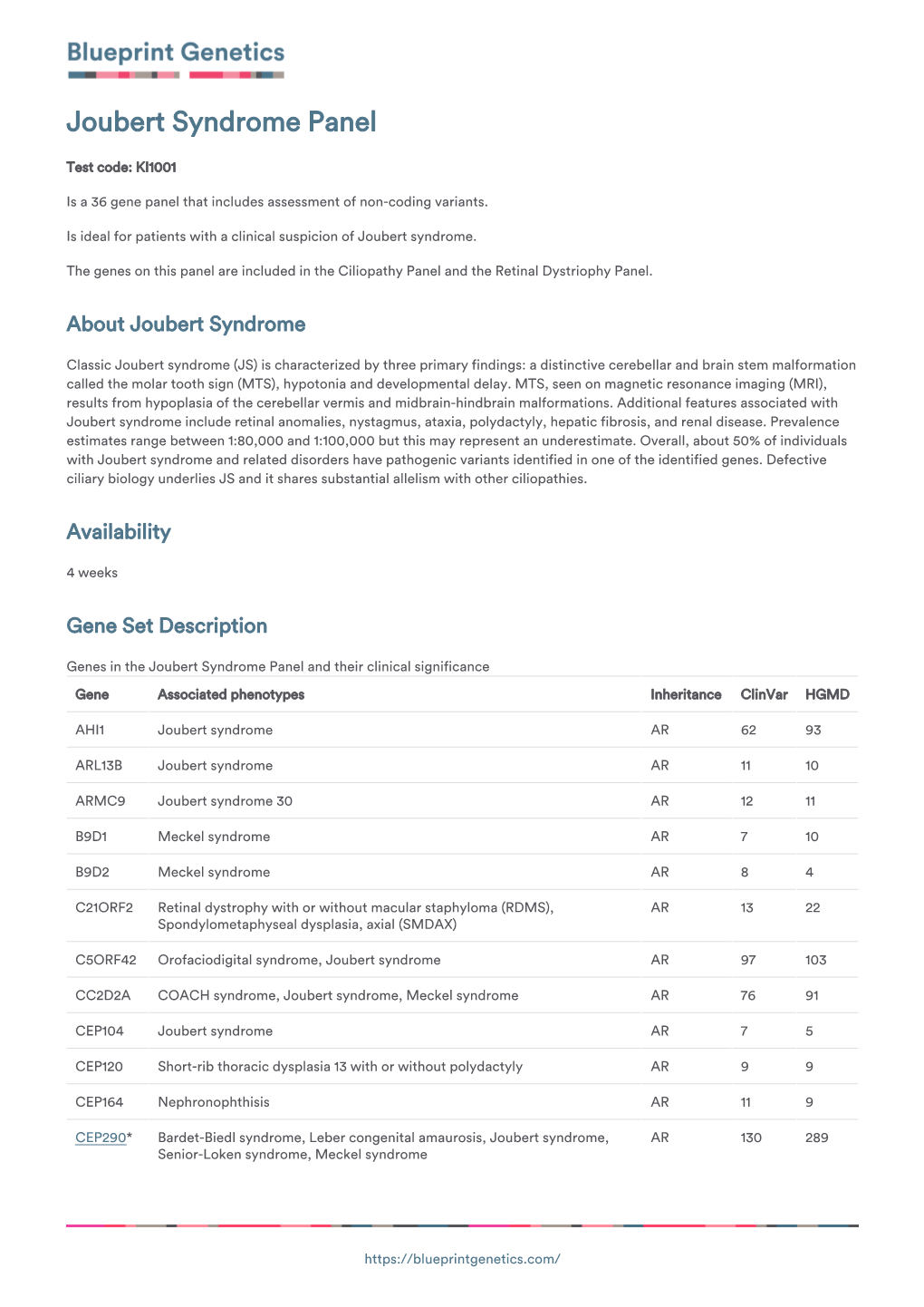 Blueprint Genetics Joubert Syndrome Panel