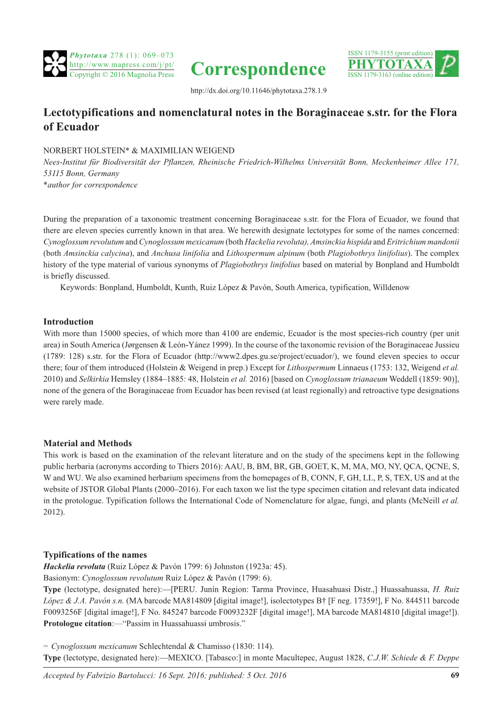 Lectotypifications and Nomenclatural Notes in the Boraginaceae S.Str. for the Flora of Ecuador