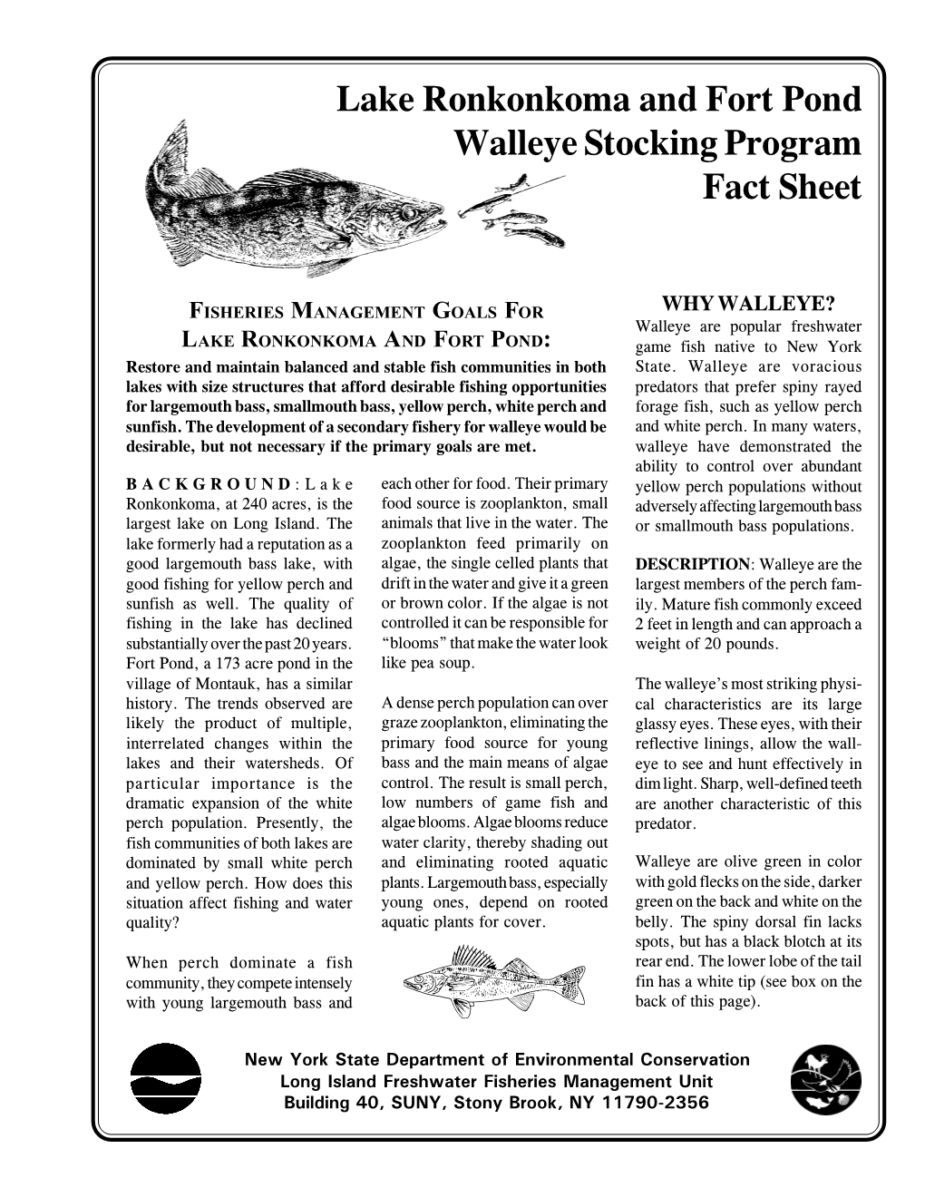 Lake Ronkonkoma and Fort Pond Walleye Stocking Program Fact Sheet