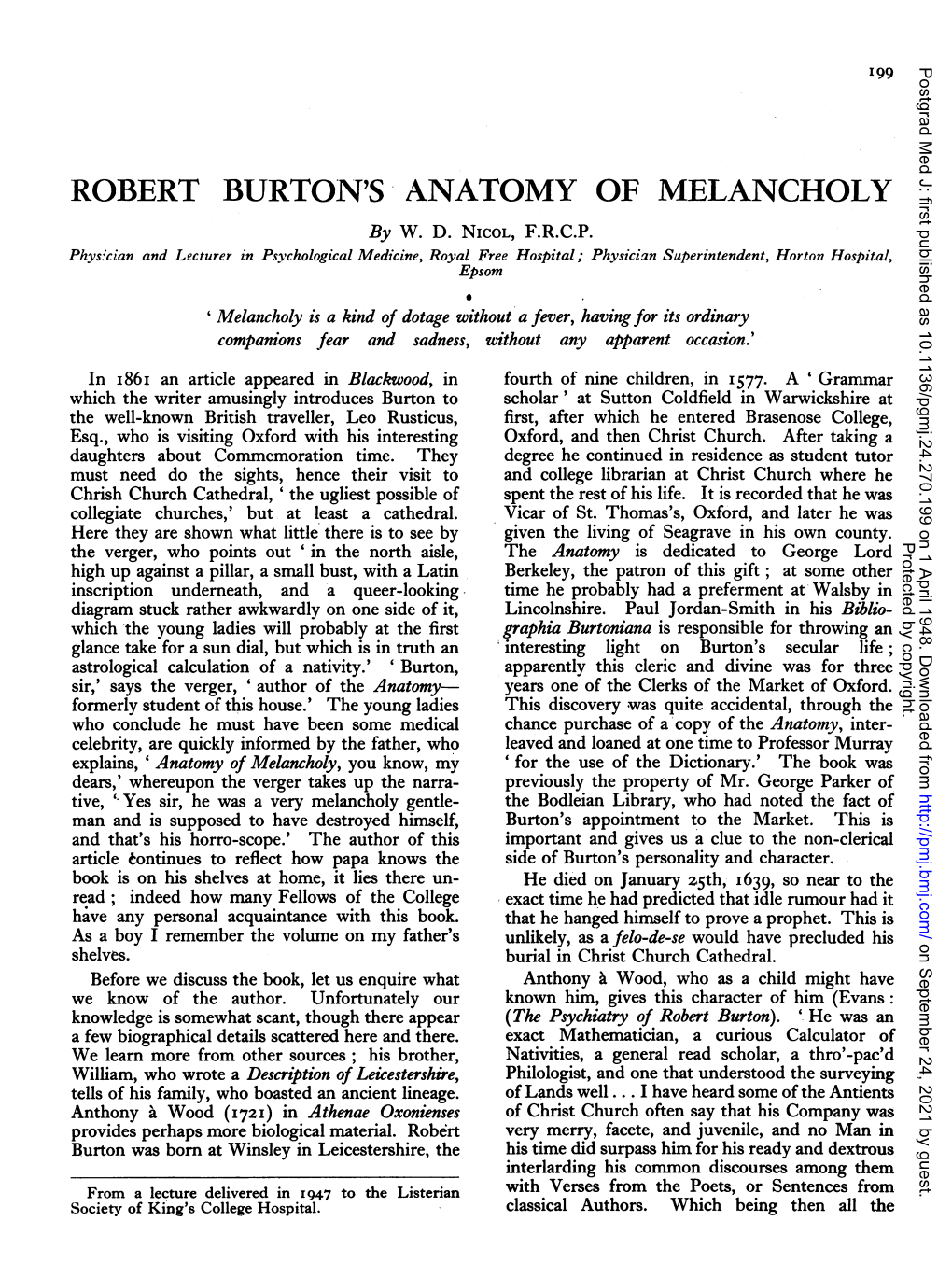 ROBERT BURTON's ANATOMY of MELANCHOLY by W