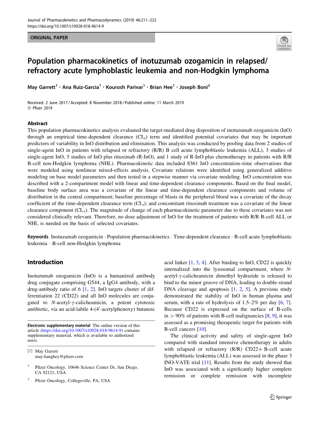 Population Pharmacokinetics of Inotuzumab Ozogamicin in Relapsed/ Refractory Acute Lymphoblastic Leukemia and Non-Hodgkin Lymphoma