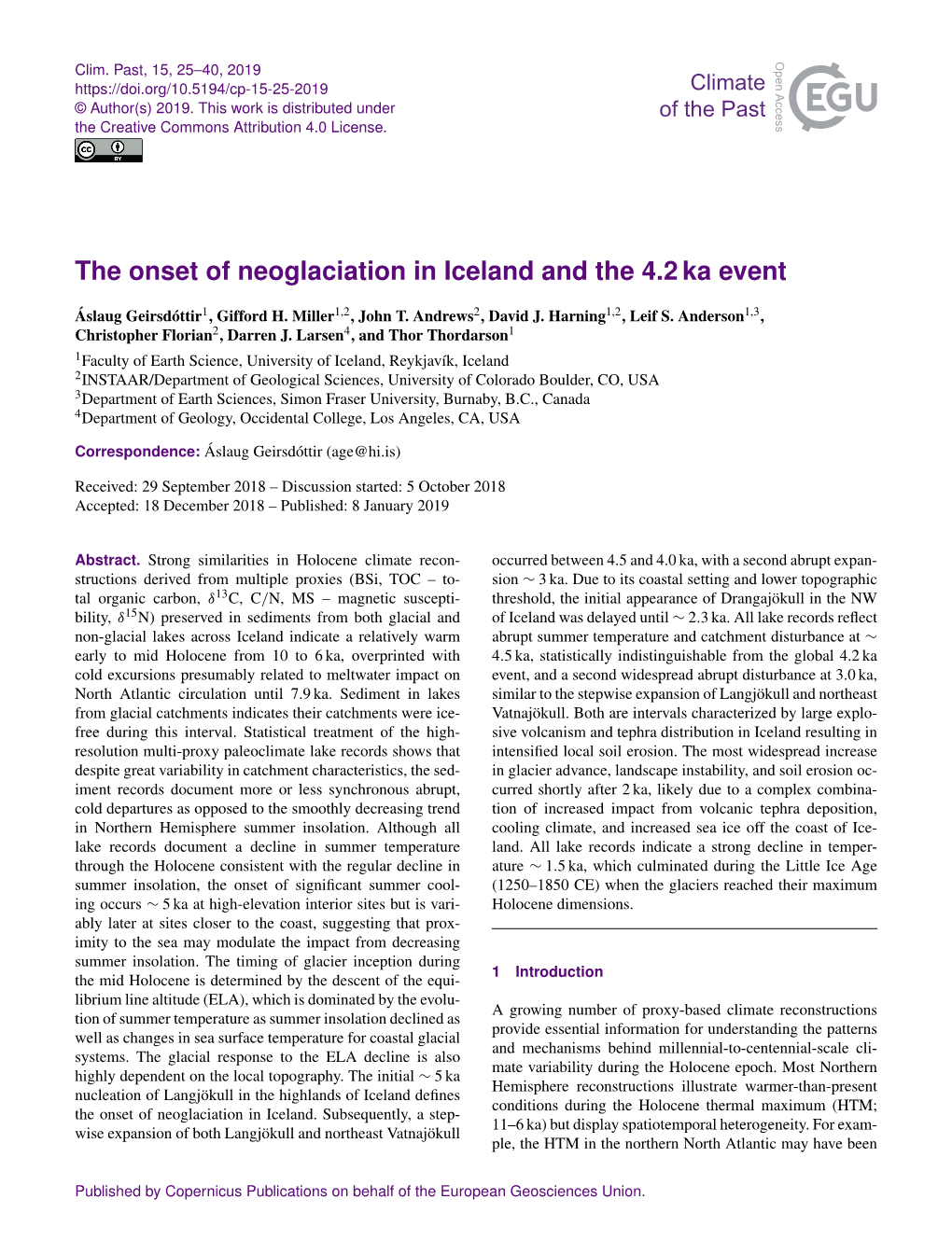 The Onset of Neoglaciation in Iceland and the 4.2 Ka Event