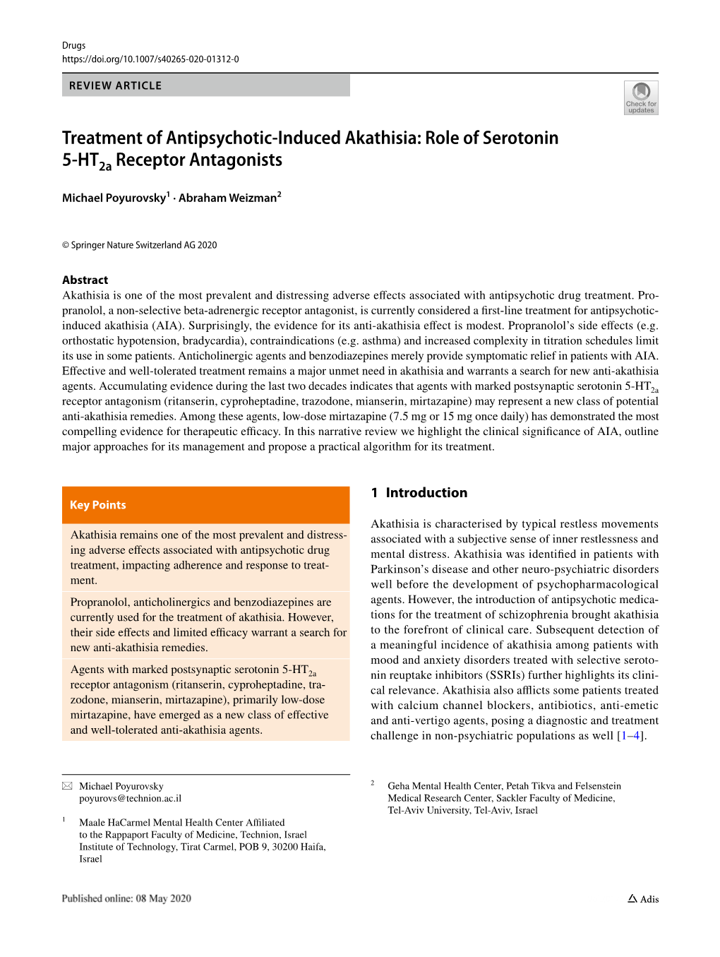 Treatment of Antipsychotic‑Induced Akathisia: Role of Serotonin 5‑Ht2a Receptor Antagonists