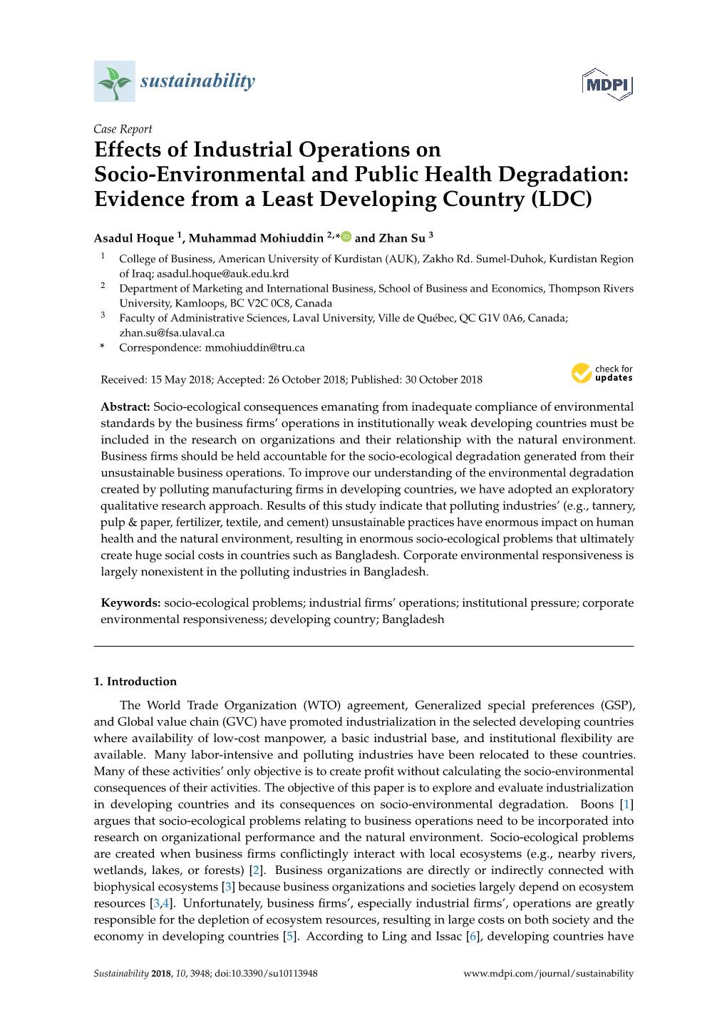 Effects of Industrial Operations on Socio-Environmental and Public Health Degradation: Evidence from a Least Developing Country (LDC)