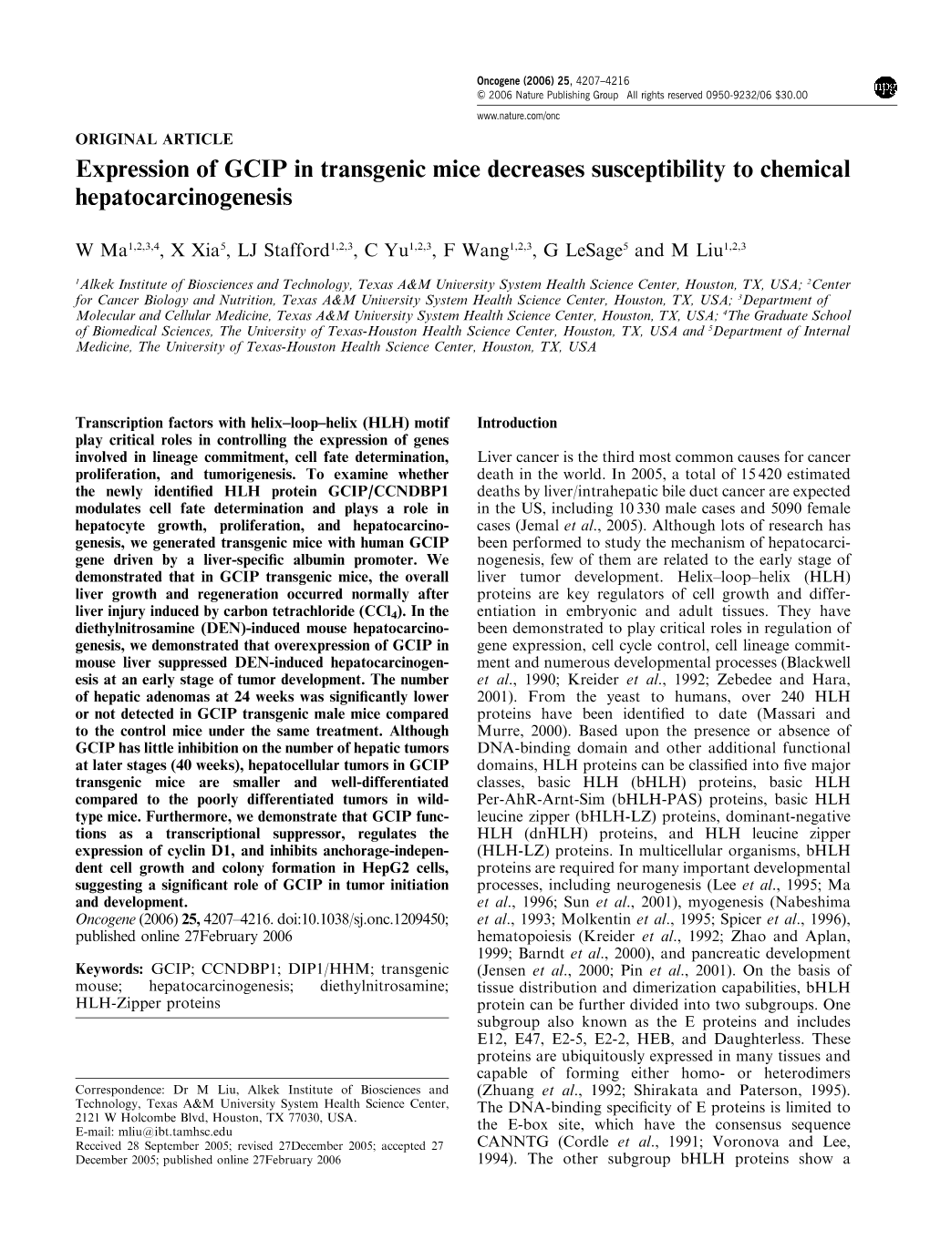 Expression of GCIP in Transgenic Mice Decreases Susceptibility to Chemical Hepatocarcinogenesis