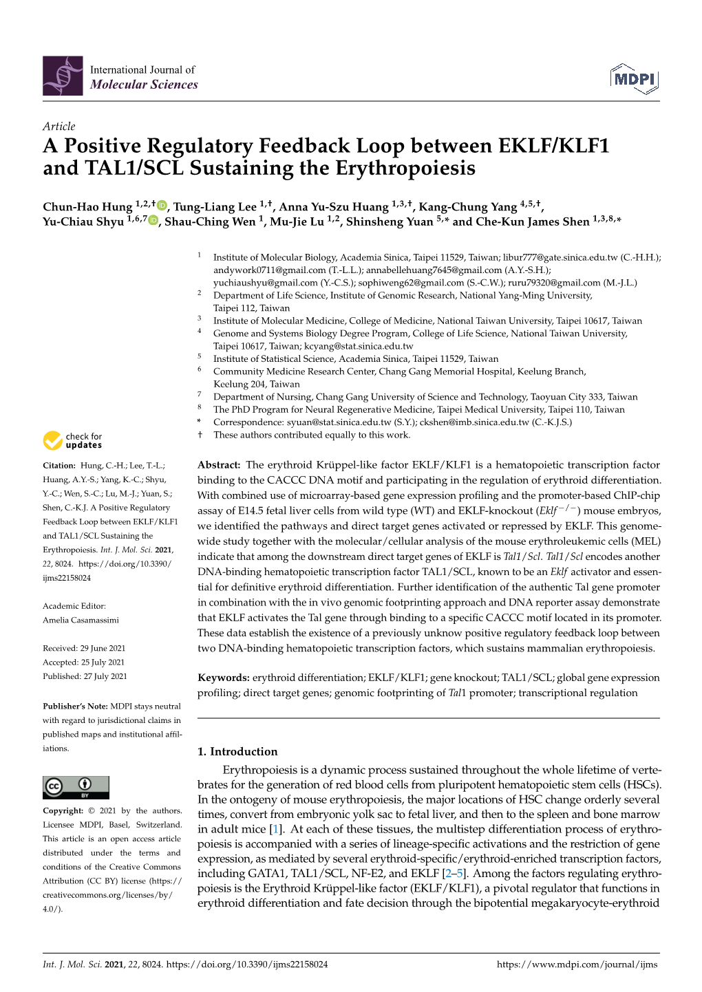 A Positive Regulatory Feedback Loop Between EKLF/KLF1 and TAL1/SCL Sustaining the Erythropoiesis