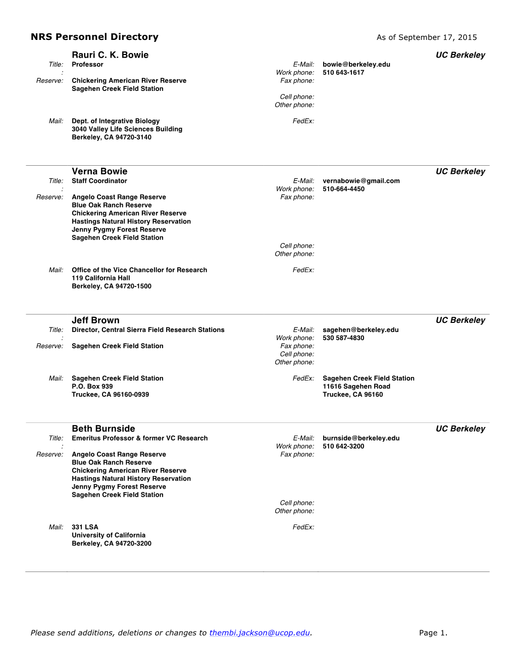 NRS Personnel Directory Rauri C. K. Bowie Verna Bowie Jeff Brown Beth