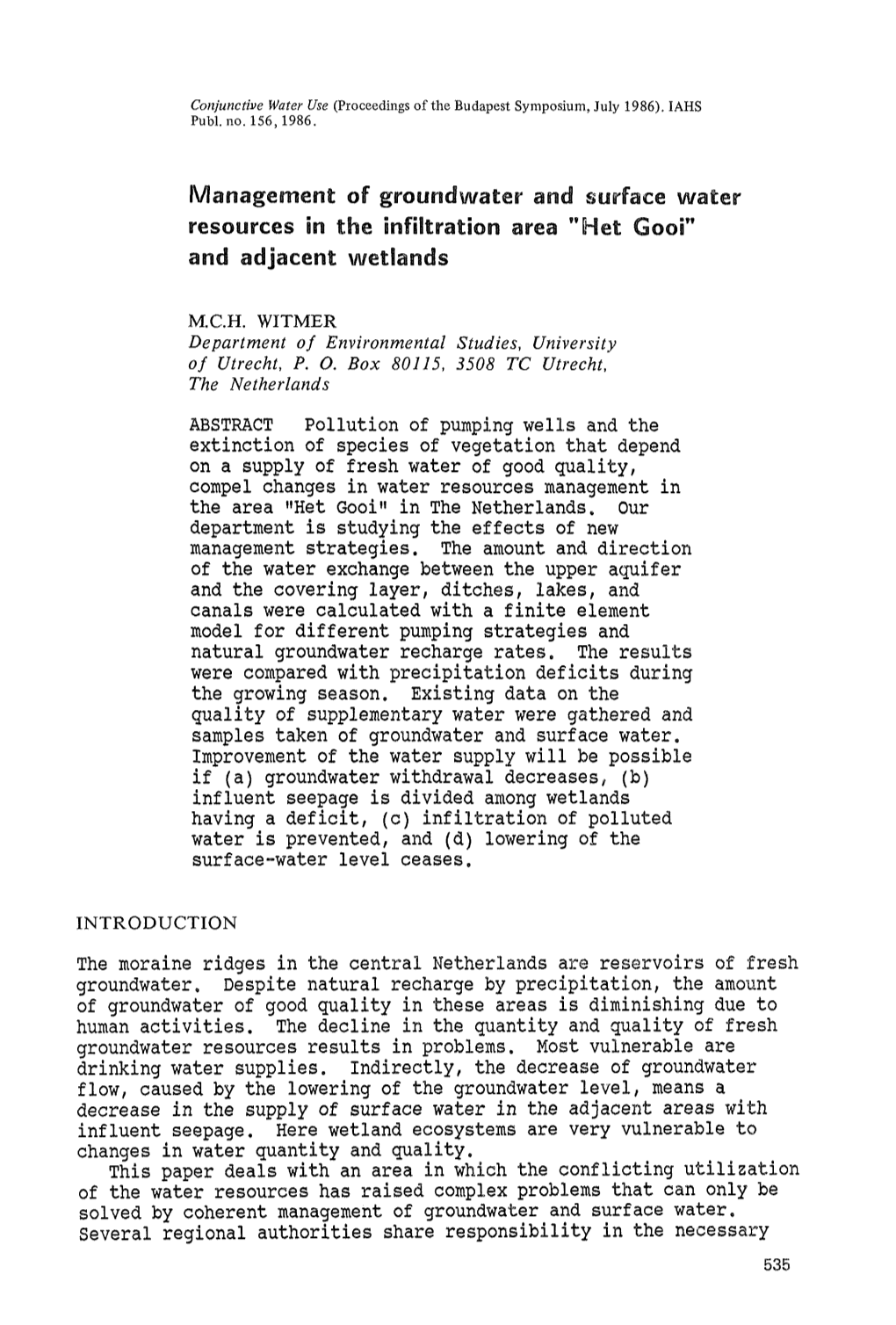 Management of Groundwater and Surface Water Resources in the Infiltration Area 