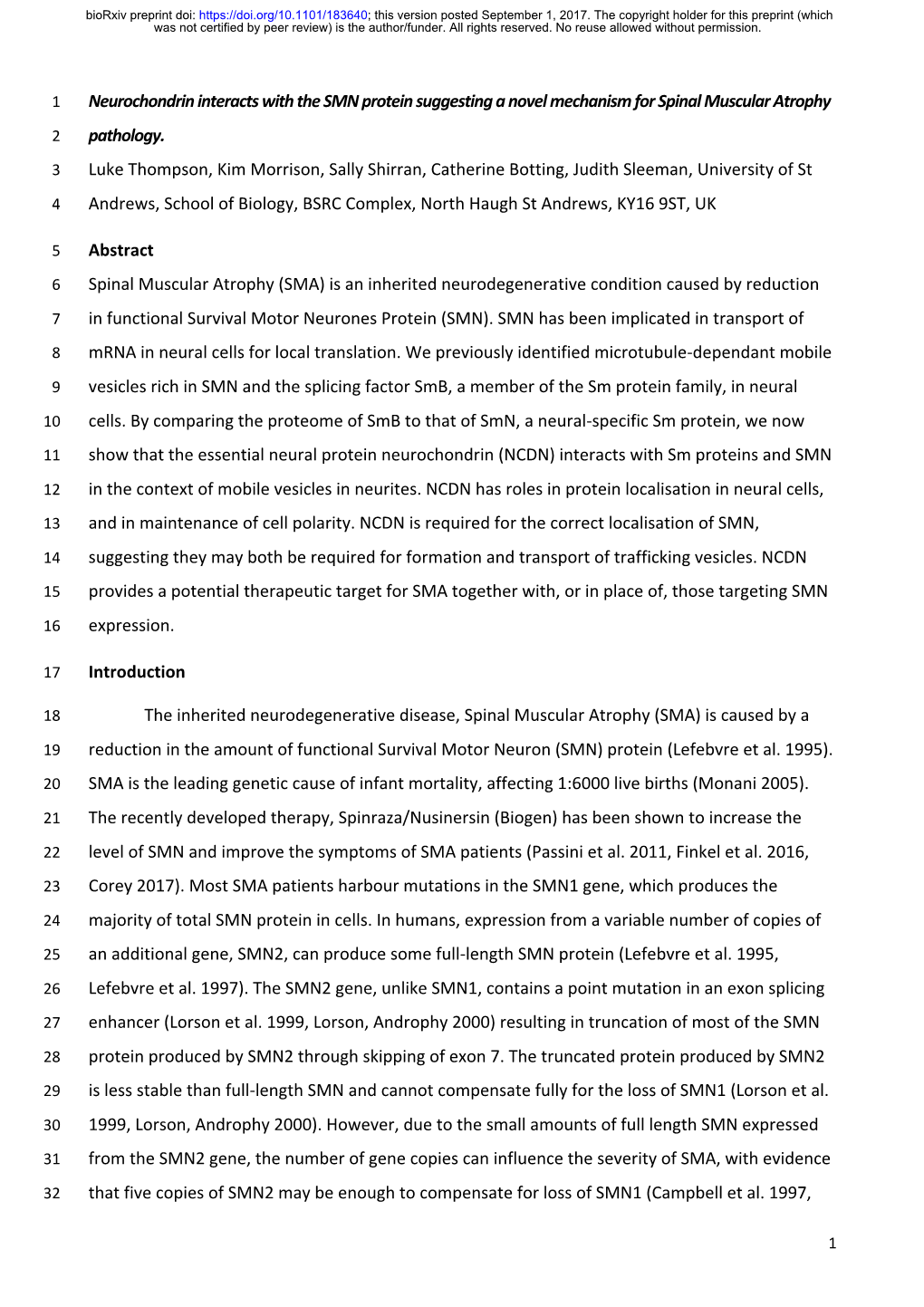 Neurochondrin Interacts with the SMN Protein Suggesting a Novel Mechanism for Spinal Muscular Atrophy 2 Pathology