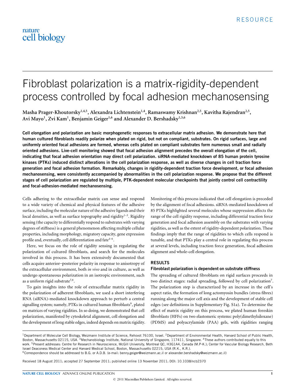 Fibroblast Polarization Is a Matrix-Rigidity-Dependent Process Controlled by Focal Adhesion Mechanosensing