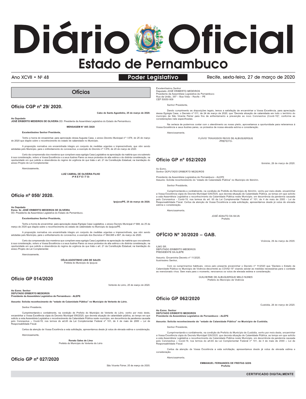 Estado De Pernambuco Ano XCVII • N0 48 Poder Legislativo Recife, Sexta-Feira, 27 De Março De 2020