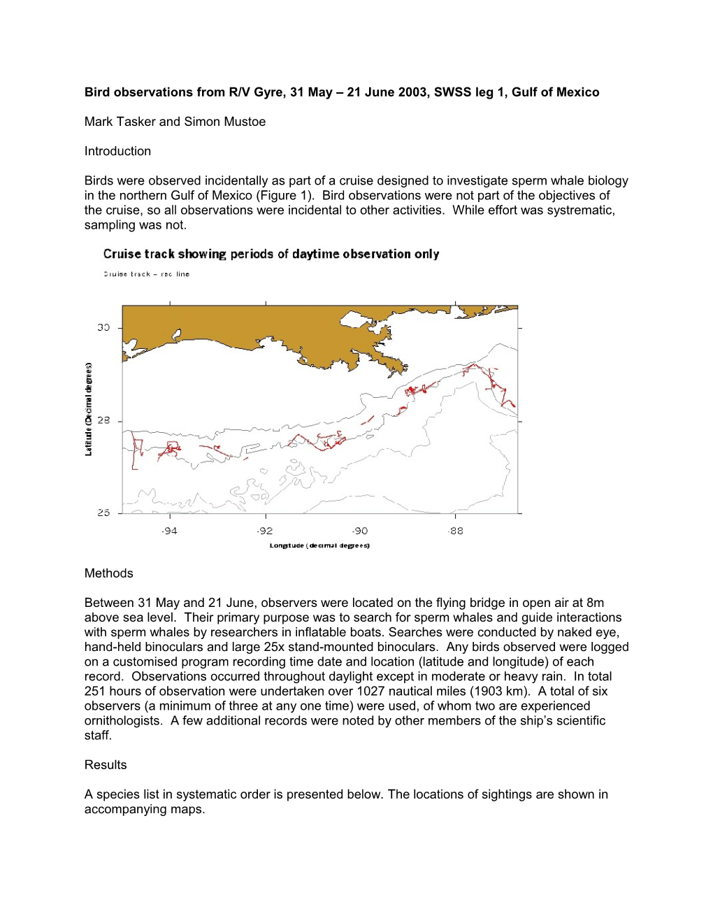 Bird Observations from R/V Gyre, 31 May 21 June 2003, SWSS Leg 1, Gulf of Mexico