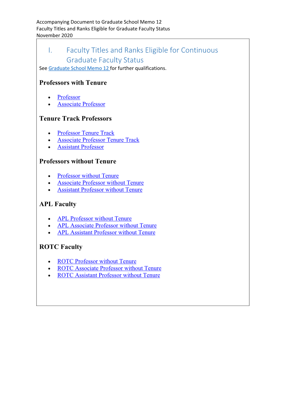 Accompanying Document to Graduate School Memo 12 Faculty Titles and Ranks Eligible for Graduate Faculty Status November 2020 I