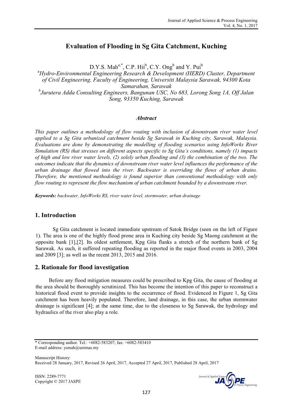 Evaluation of Flooding in Sg Gita Catchment, Kuching