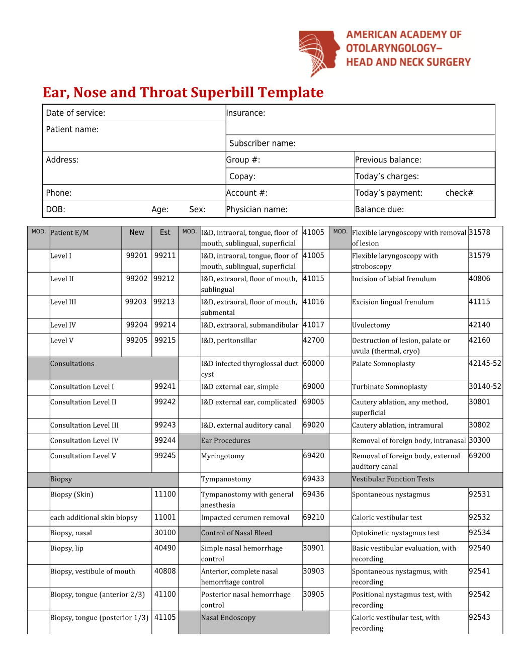 Ear, Nose and Throat Superbill Template