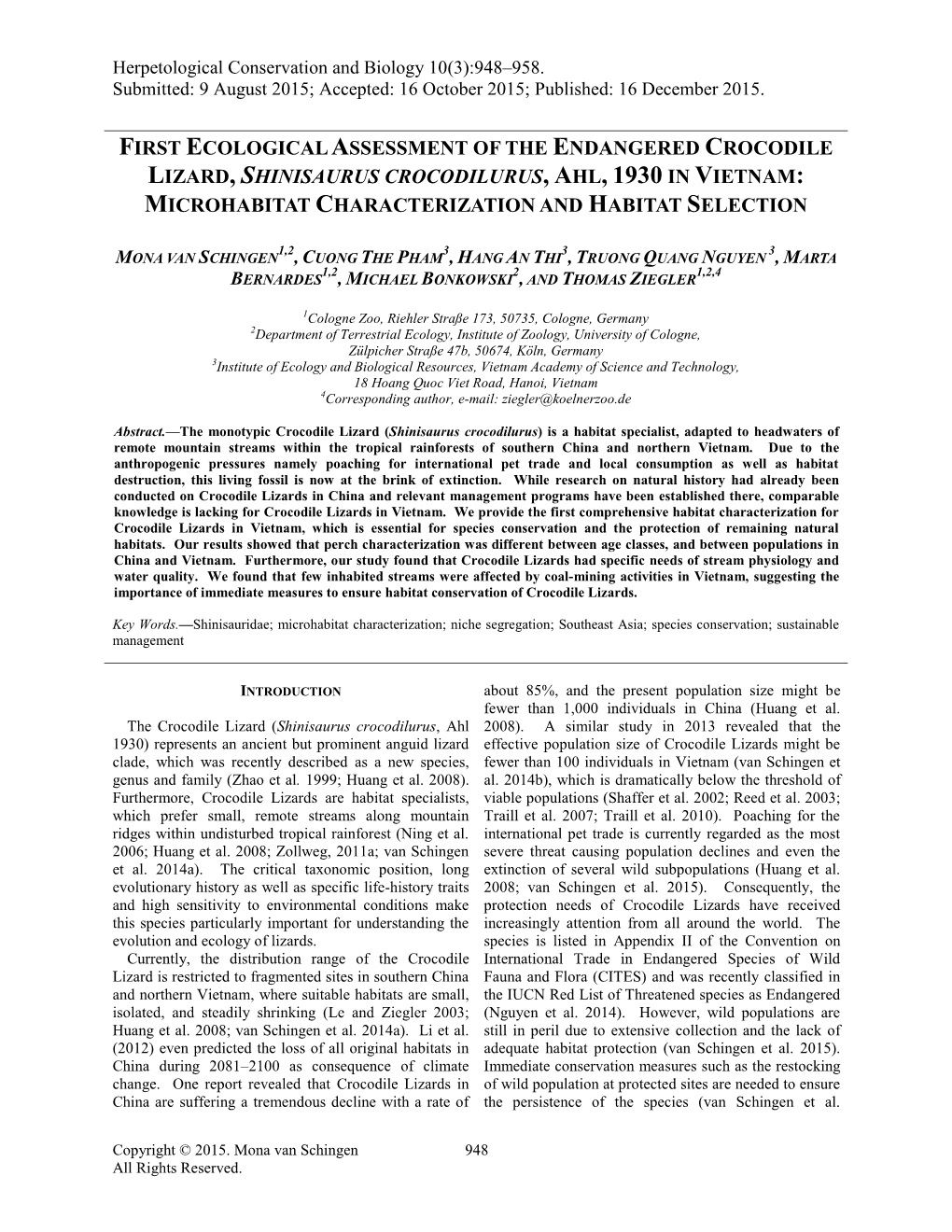 First Ecological Assessment of the Endangered Crocodile Lizard, Shinisaurus Crocodilurus, Ahl, 1930 in Vietnam: Microhabitat Characterization and Habitat Selection