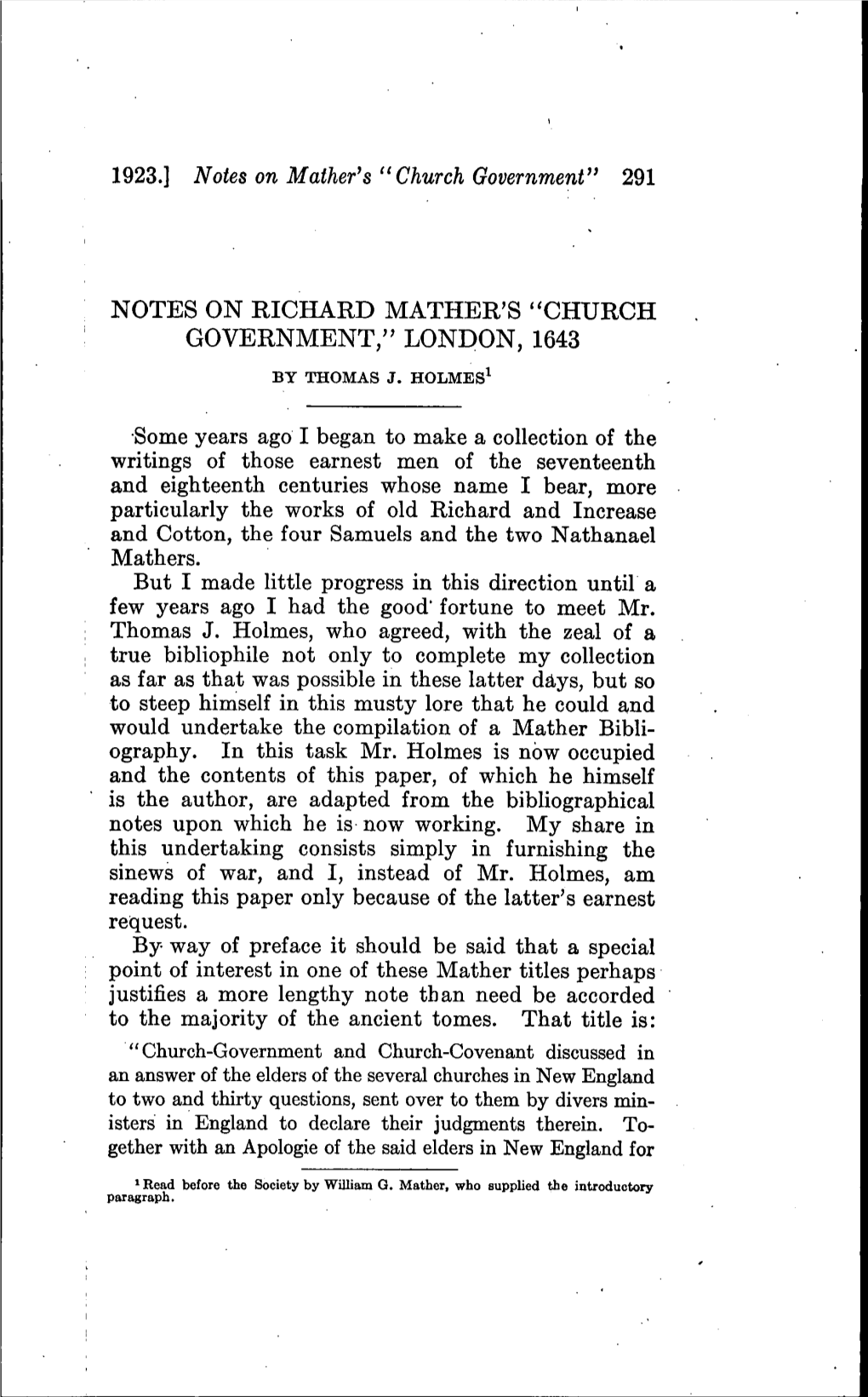 Notes on Richard Mather's "Church Government," London, 1643 by Thomas J