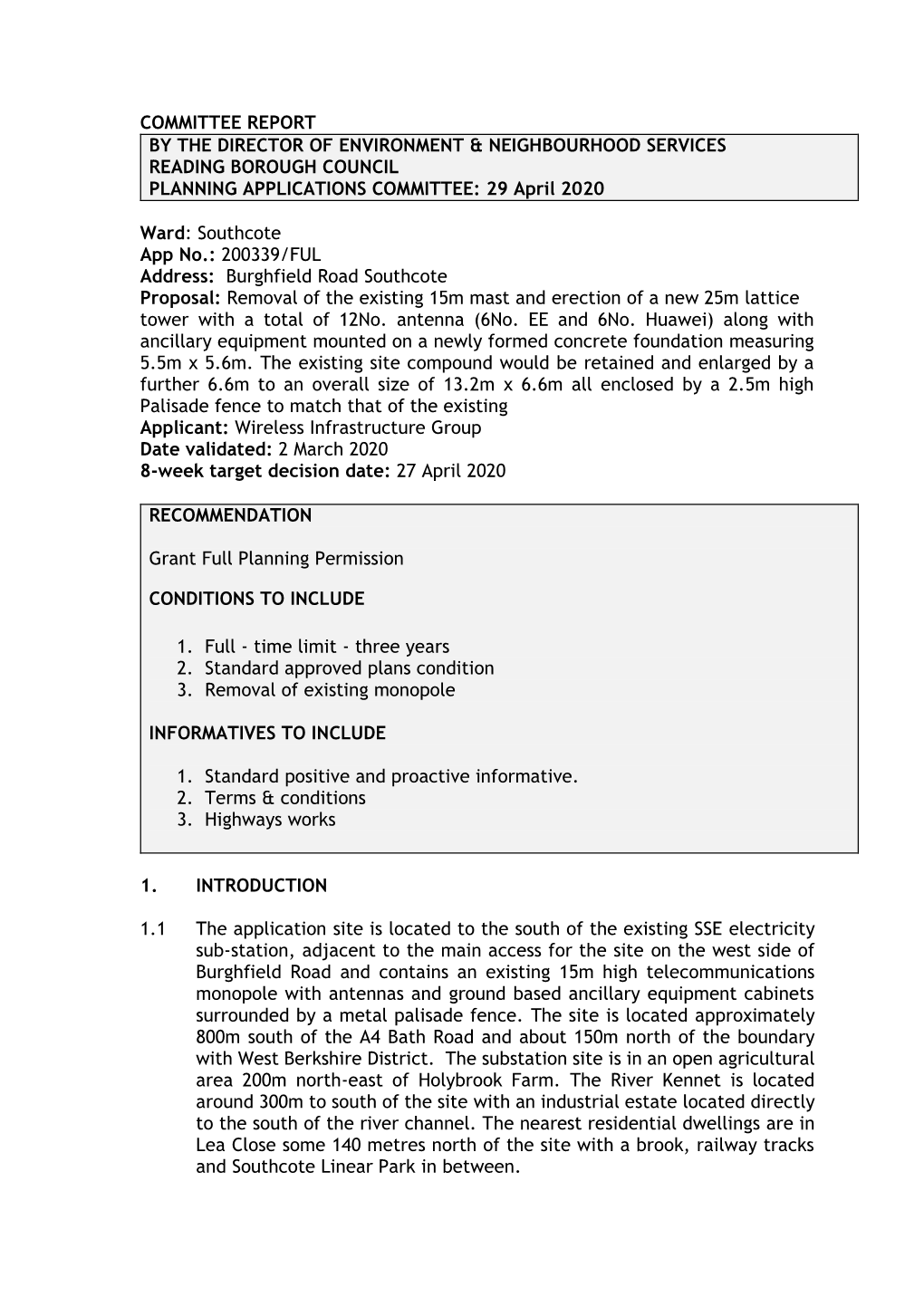 COMMITTEE REPORT by the DIRECTOR of ENVIRONMENT & NEIGHBOURHOOD SERVICES READING BOROUGH COUNCIL PLANNING APPLICATIONS COMMITTEE: 29 April 2020